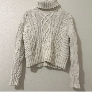 Lands' End Women's 100% Cotton Braided Cable Knit Turtleneck Sweater Size L